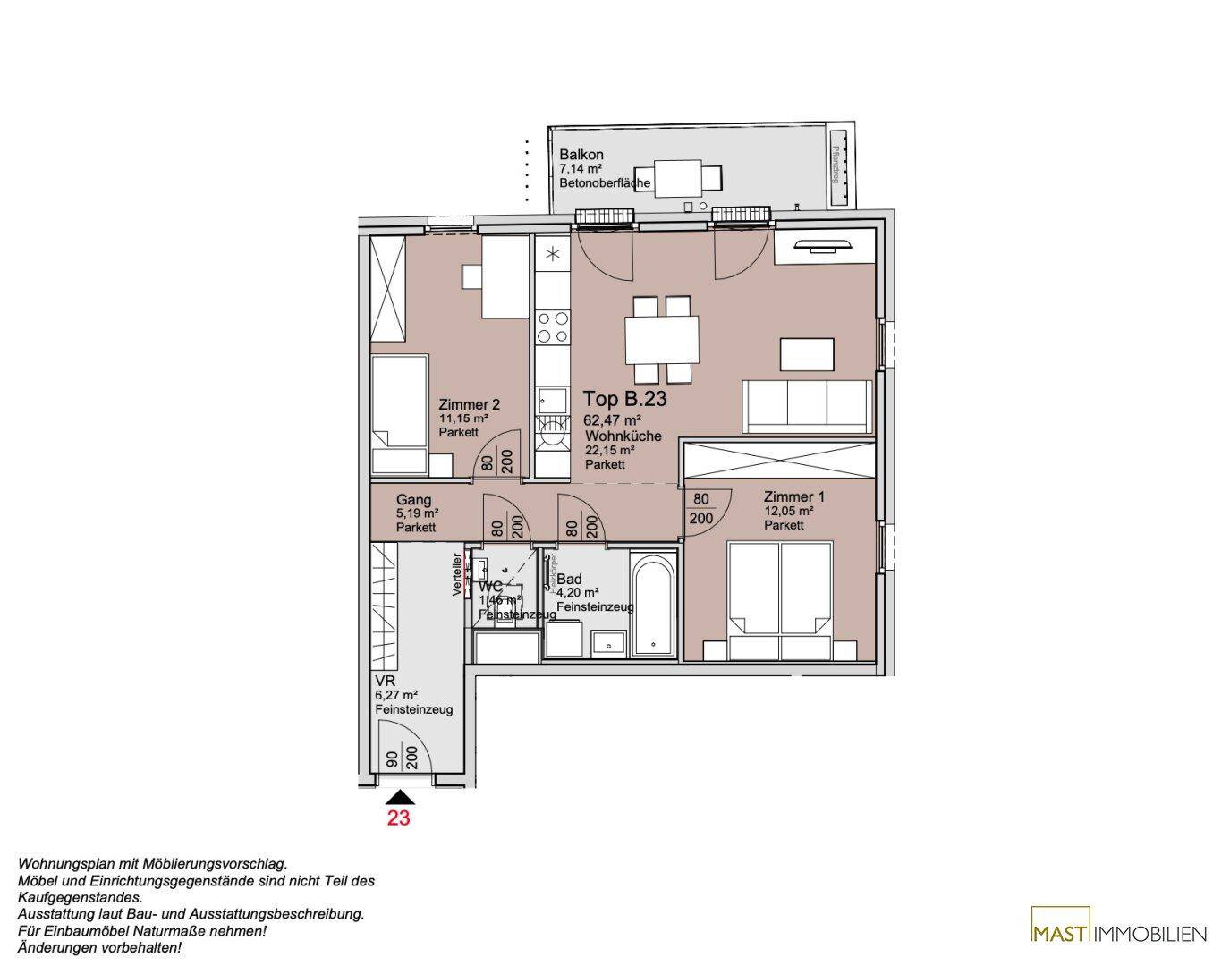 Grundriss einer Wohnung mit offenem Wohn-Essbereich, zwei Schlafzimmern, Bad, separatem WC und Balkon.