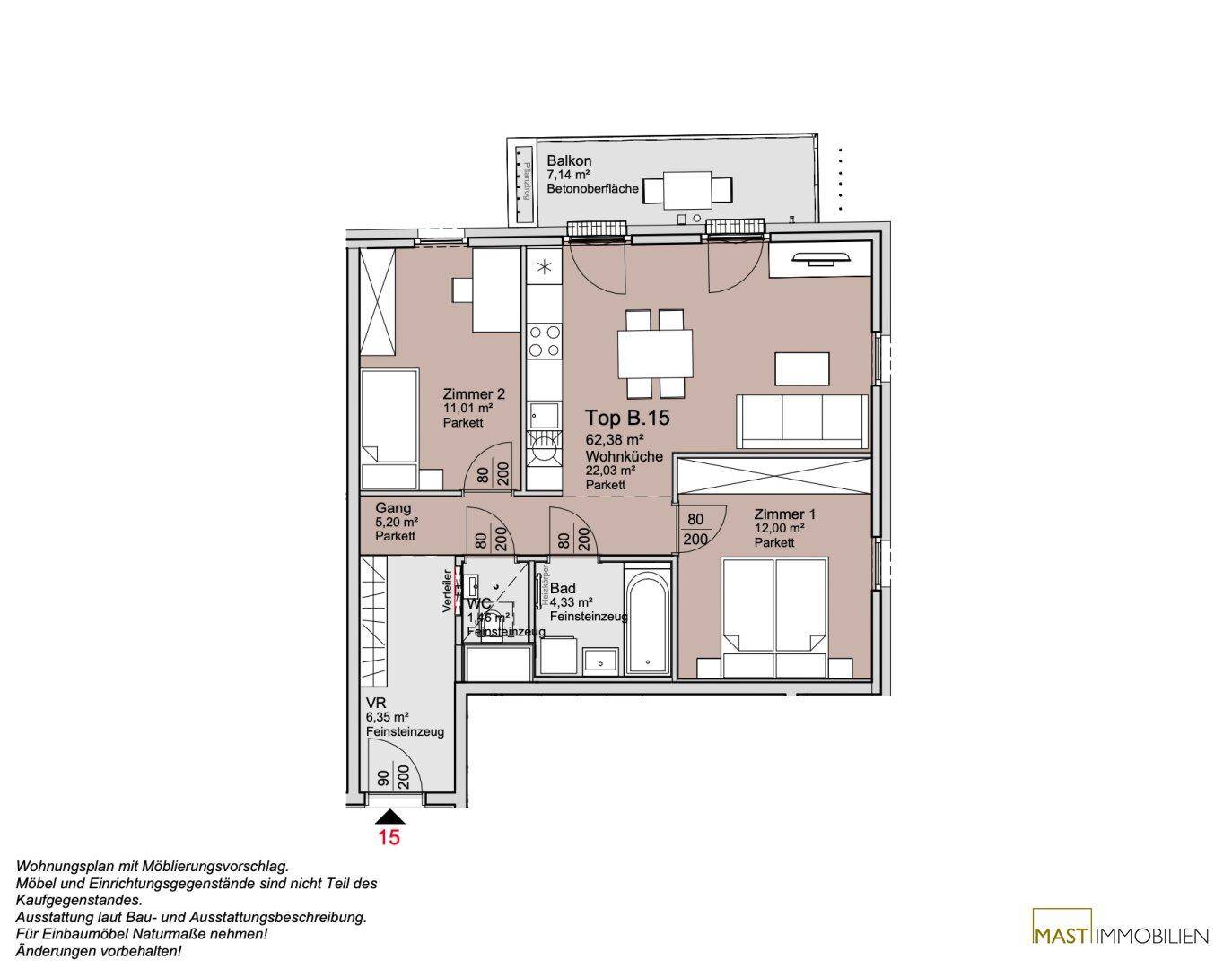 Grundriss der Wohnung Top B.15 mit offenem Wohn- und Küchenbereich, zwei Schlafzimmern, Bad und separatem WC sowie Balkon.