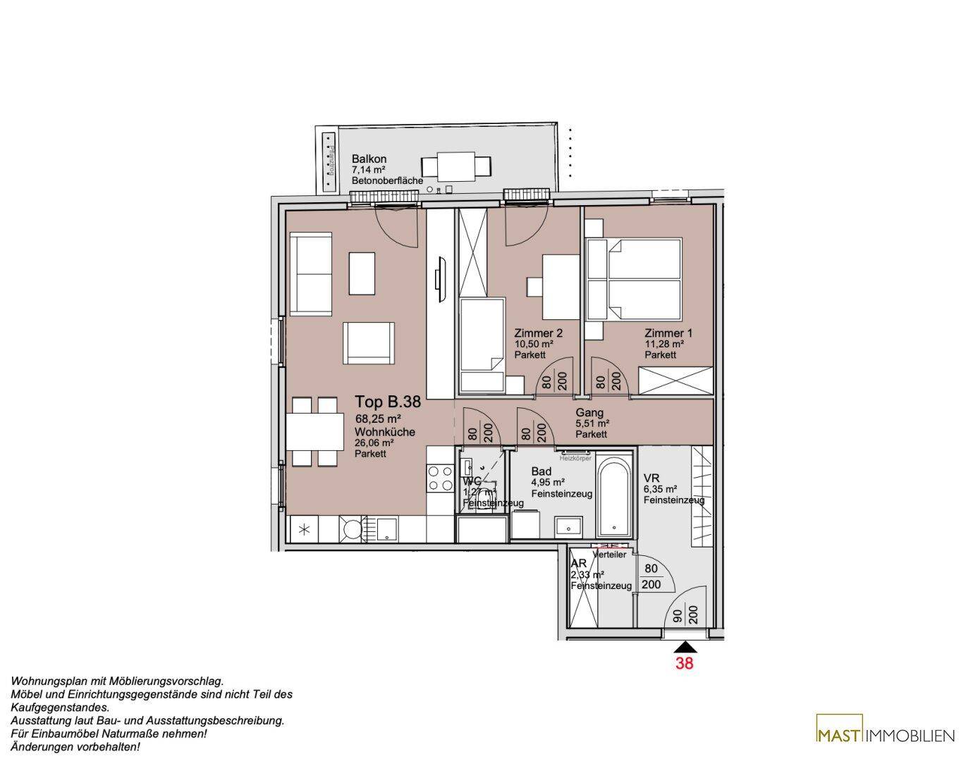 Grundriss einer 3-Zimmer-Wohnung mit offener Wohnküche, zwei Schlafzimmern und einem Balkon.