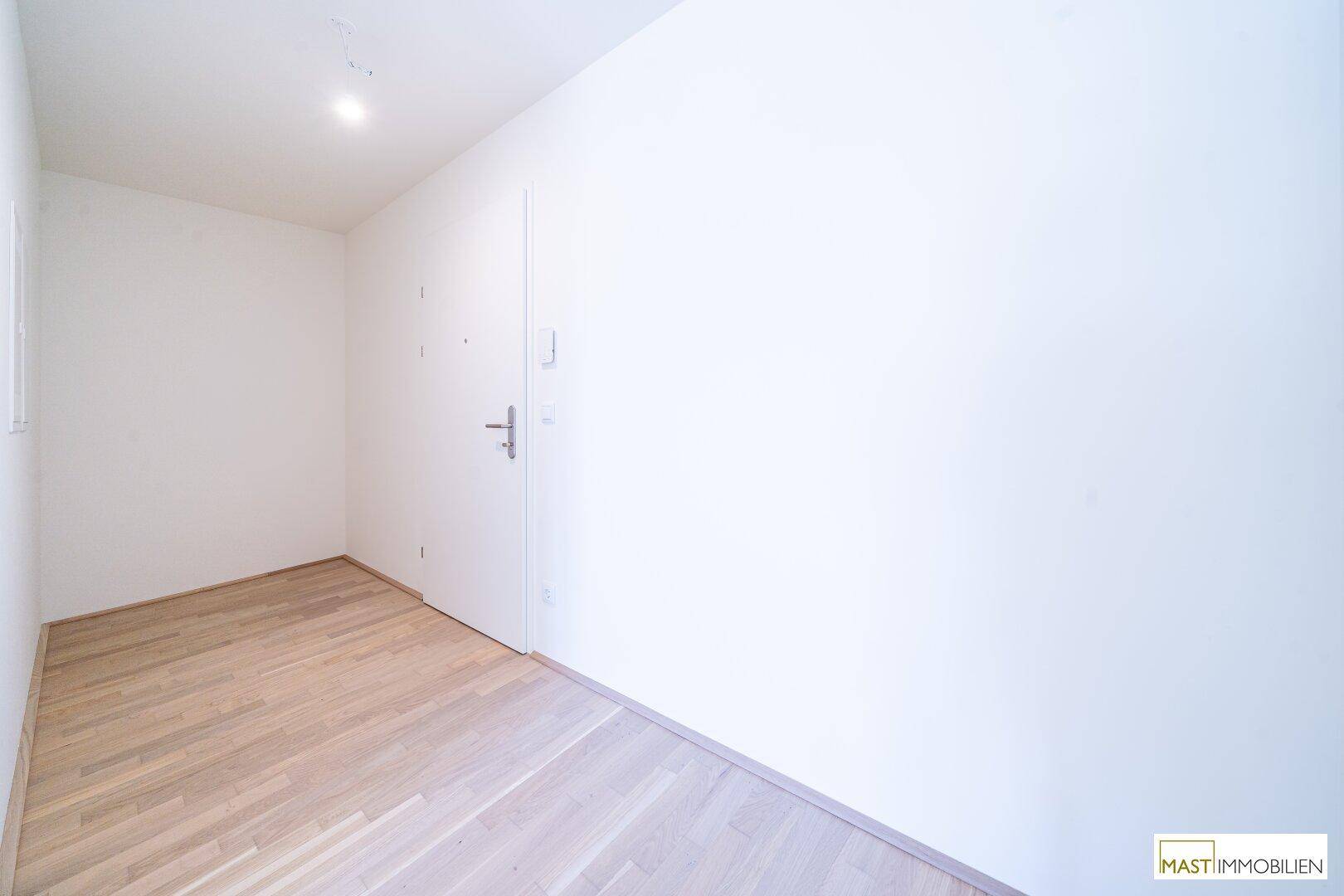 Heller Flur oder Eingangsbereich mit weiß gestrichenen Wänden und modernem Holzparkettboden.