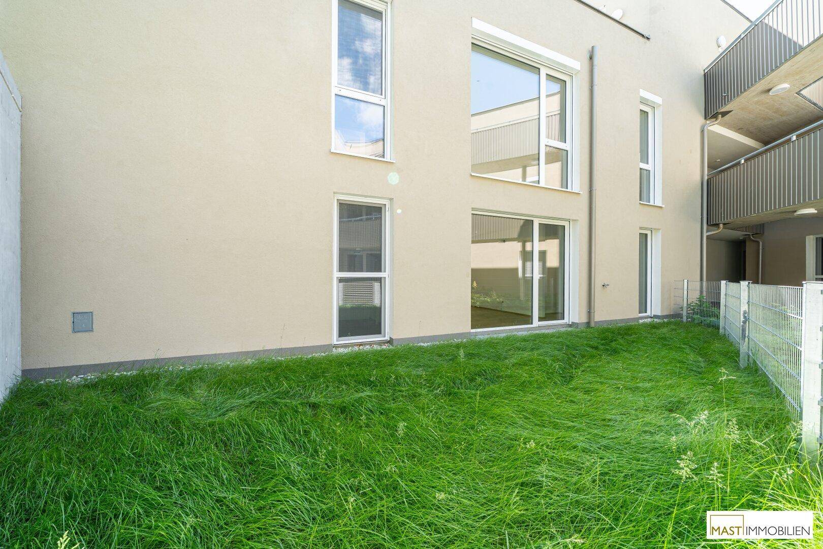 Grüner Rasenbereich neben der modernen Gebäudefassade mit großen Fenstern.