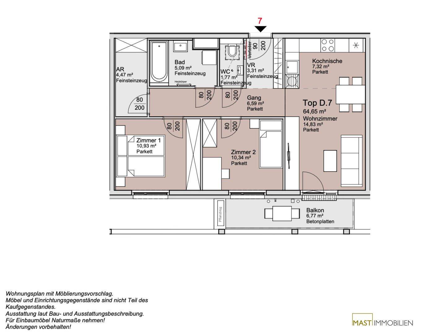 Grundriss einer Wohnung mit offenem Wohnbereich, zwei Schlafzimmern, Bad, separatem WC und Balkon.