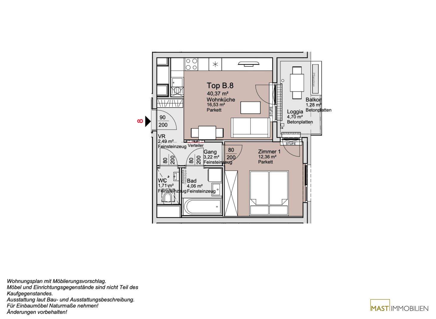 Grundriss einer modernen Wohnung mit offener Wohnküche, Schlafzimmer, Bad, separatem WC, Balkon und Loggia.