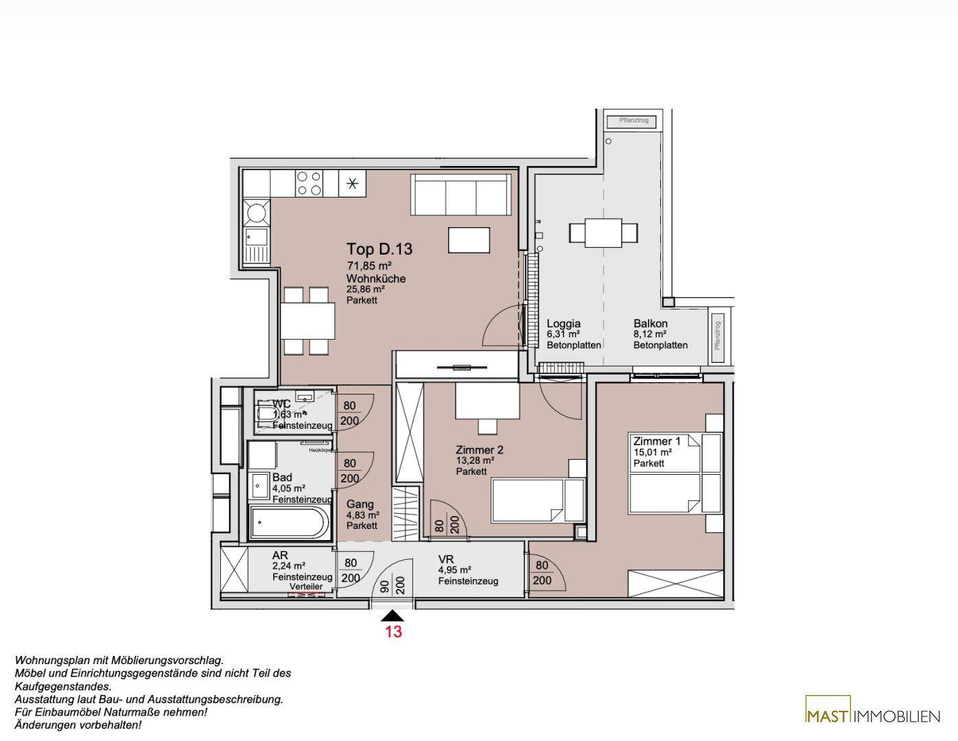 Grundriss der Wohnung Top D.13 mit Wohnküche, zwei Schlafzimmern, Bad und Loggia.