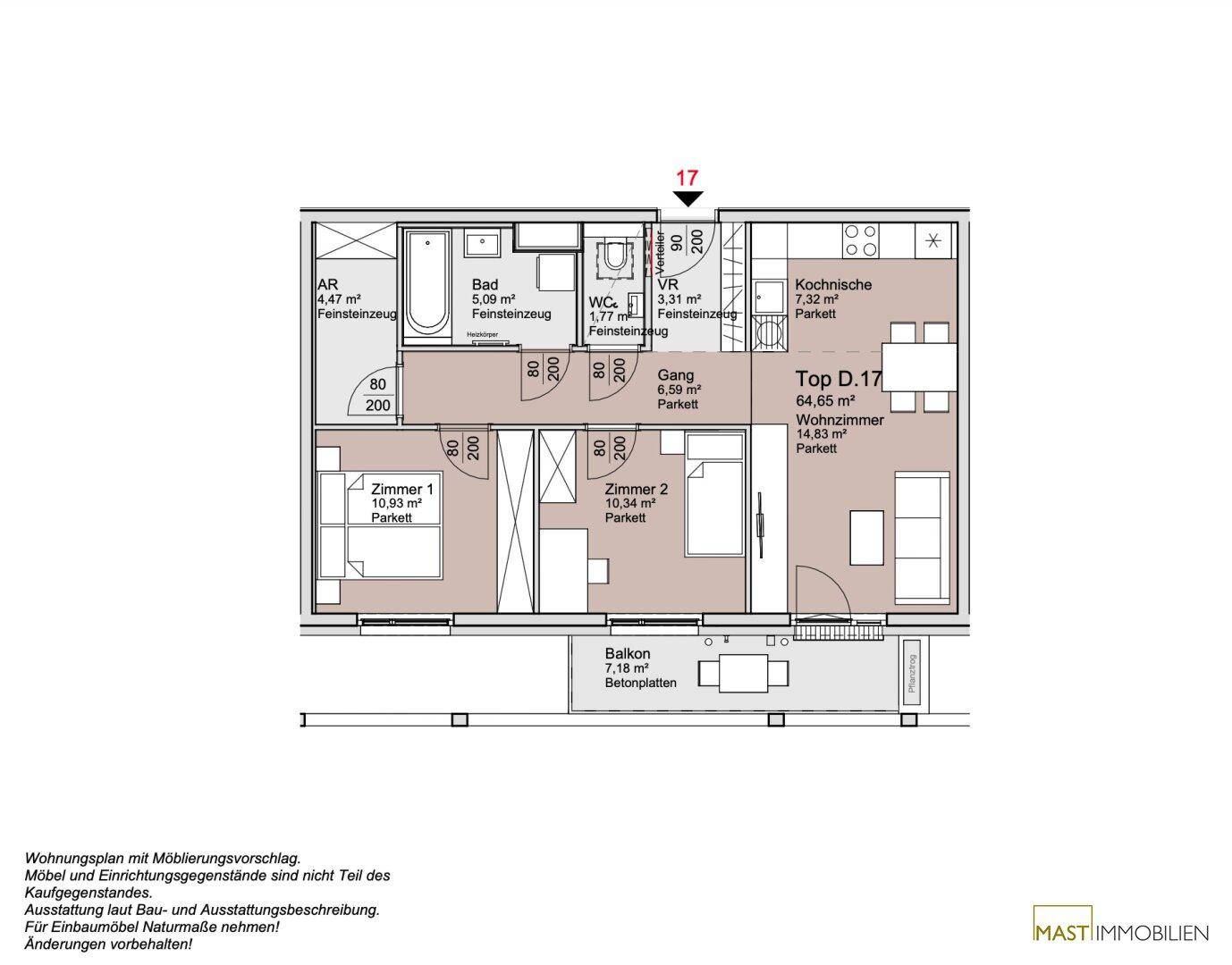 Grundriss einer Wohnung mit zwei Schlafzimmern, offenem Wohnbereich, Kochnische und Balkon.