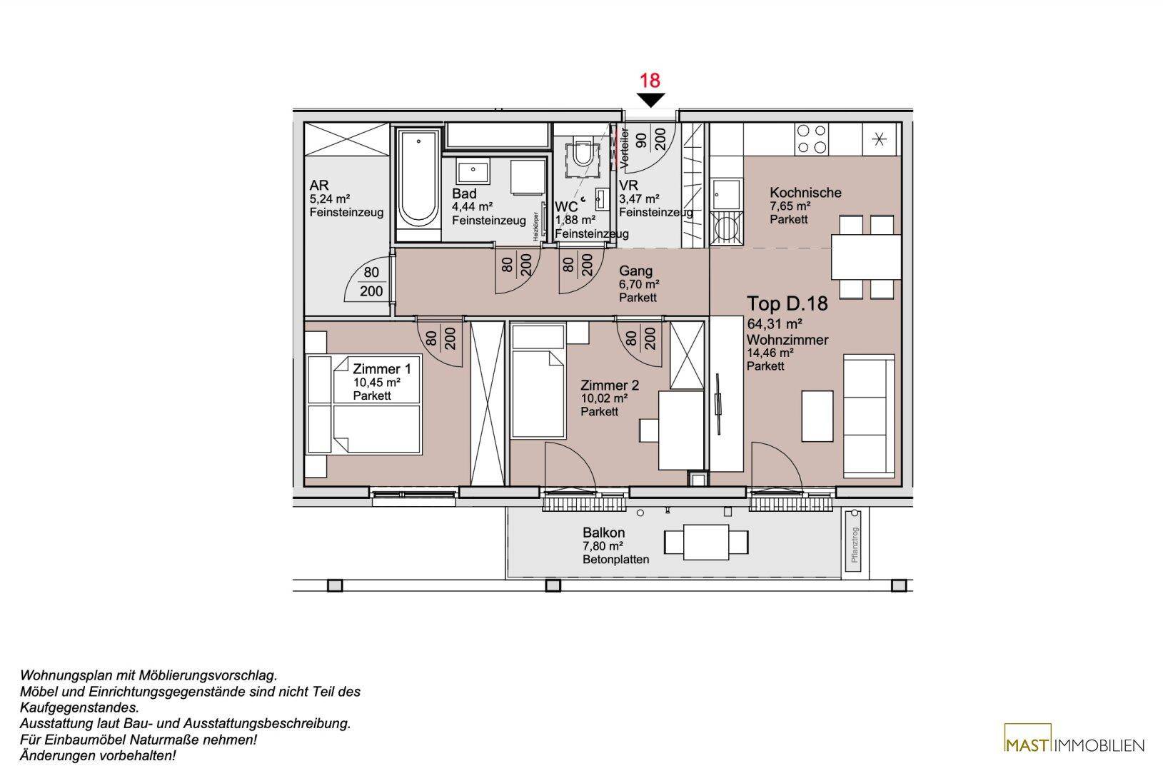 Grundriss einer Wohnung mit drei Zimmern, offener Wohnküche und einem Balkon.