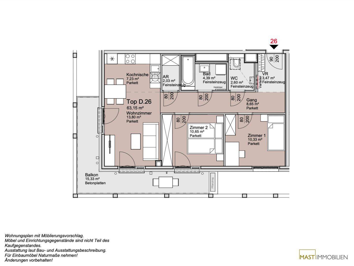 Grundriss einer Wohnung mit zwei Schlafzimmern, Kochnische, Wohnzimmer, Bad und separatem WC sowie einem Balkon.