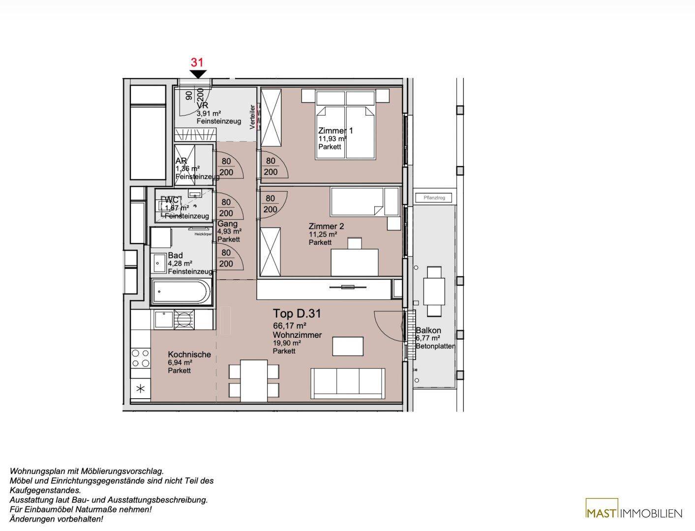 Grundriss einer Wohnung mit offenem Wohnbereich, Kochnische, zwei Schlafzimmern, Bad, separatem WC und Balkon.
