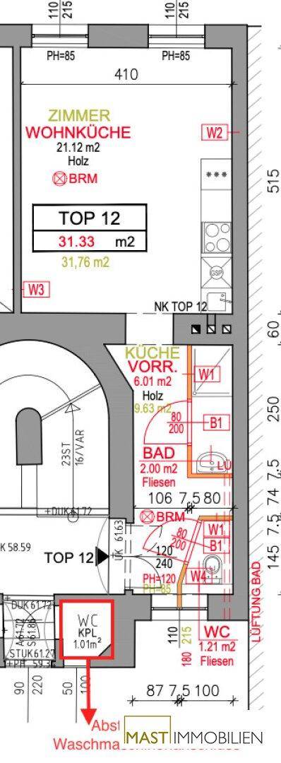 Grundriss einer Wohnung mit offenem Wohn- und Küchenbereich, separater Küche, Bad und zwei WCs.