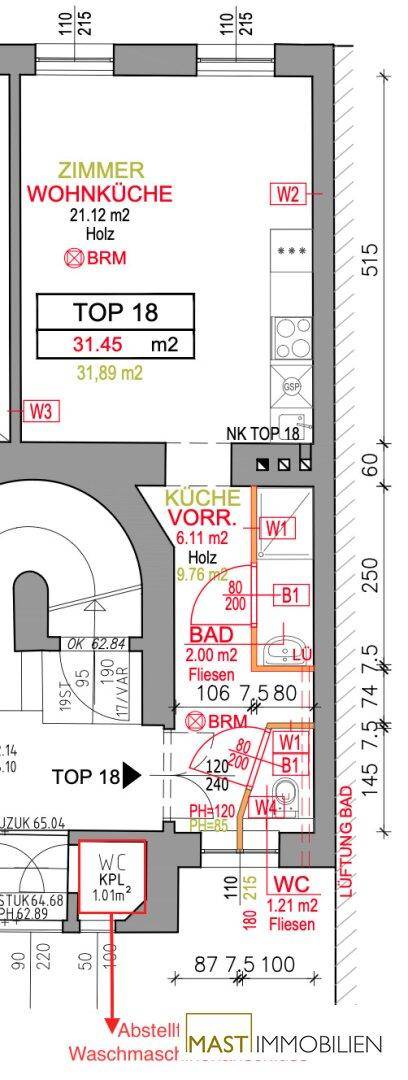Grundrissplan einer Wohnung mit offener Wohnküche, separater Küche, Bad, zwei WCs und Abstellraum.