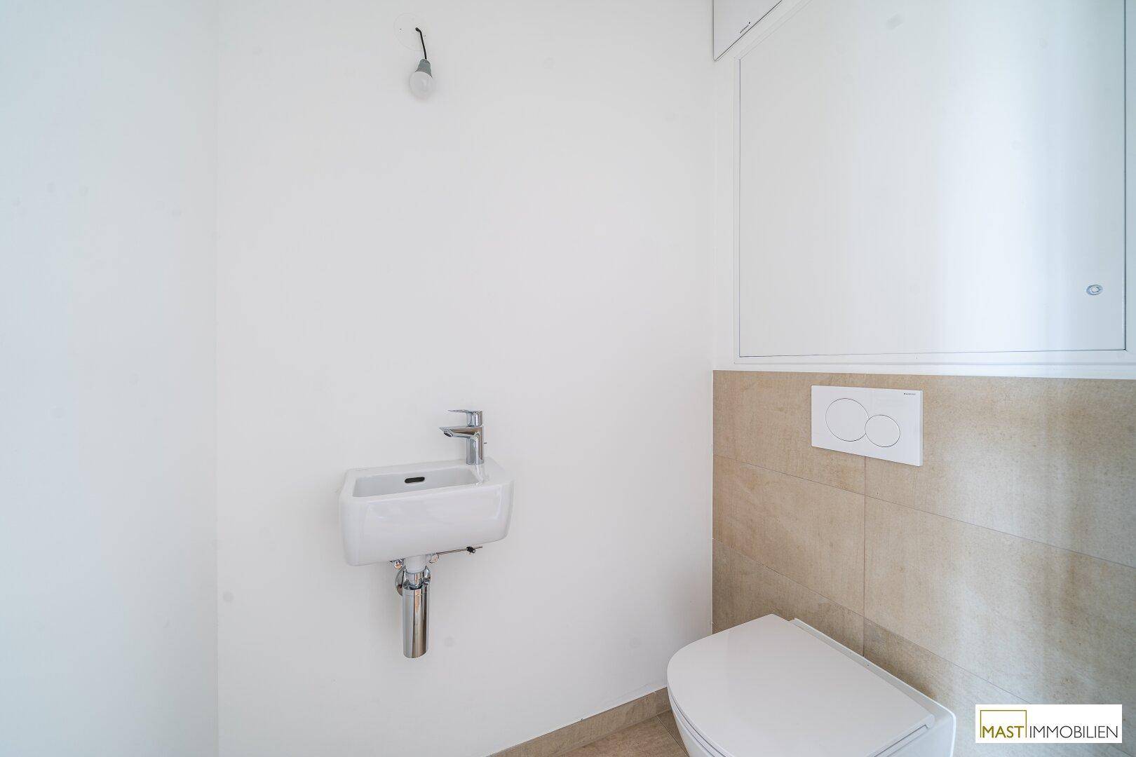 Kleines Gäste-WC mit wandhängender Toilette und modernem Handwaschbecken.