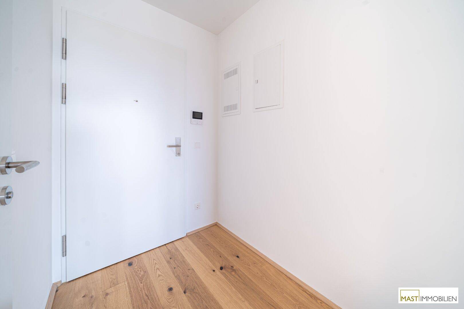 Heller Eingangsbereich mit Holzboden und moderner Wohnungstür.