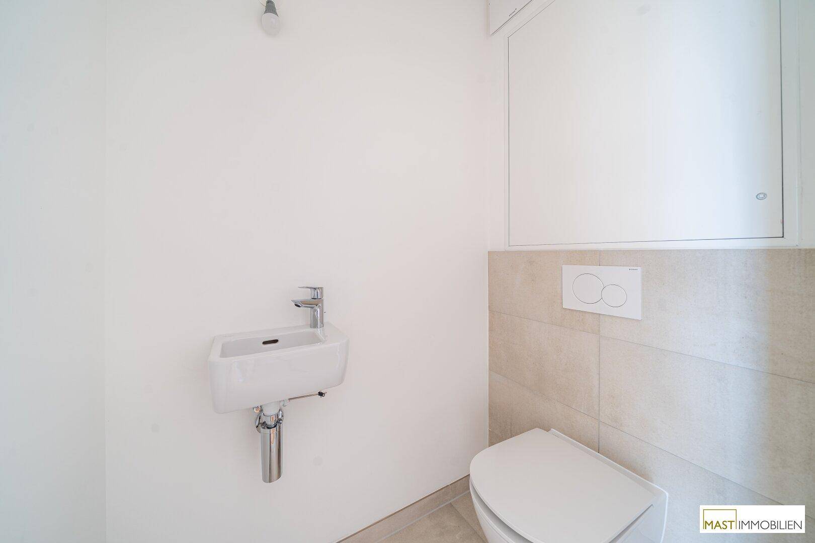 Separates Gäste-WC mit modernem Wand-WC und kleinem Handwaschbecken.