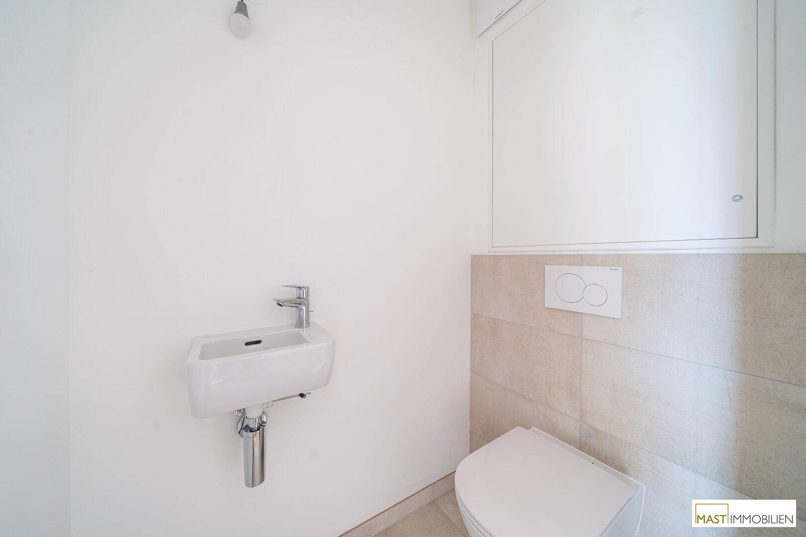 Separates Gäste-WC mit modernem Wand-WC und kleinem Handwaschbecken.