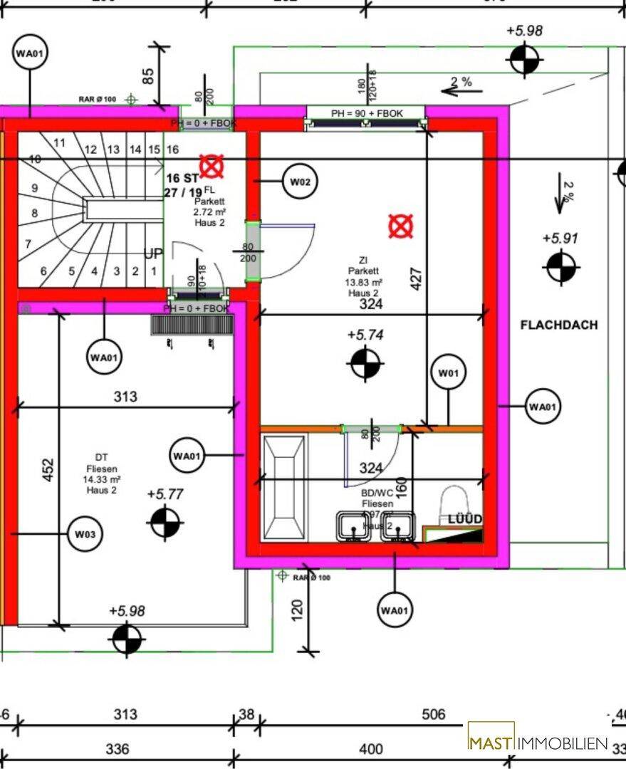 Grundriss des Dachgeschosses mit Treppe, Badezimmer und Zimmern unter einem Flachdach.