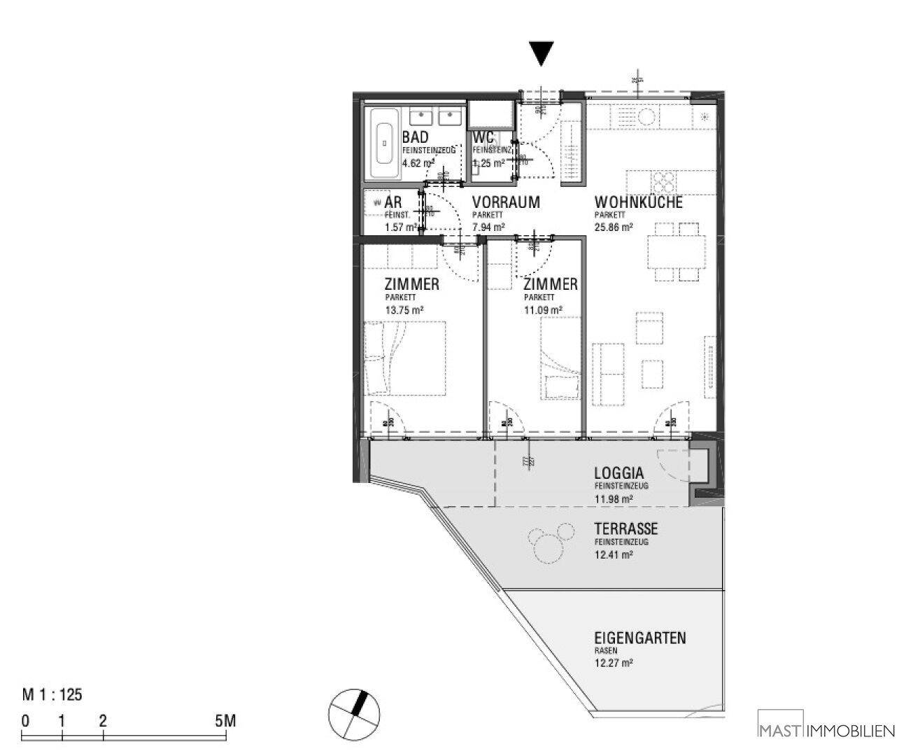 Grundriss einer Wohnung mit Loggia, Terrasse und eigenem Gartenbereich.
