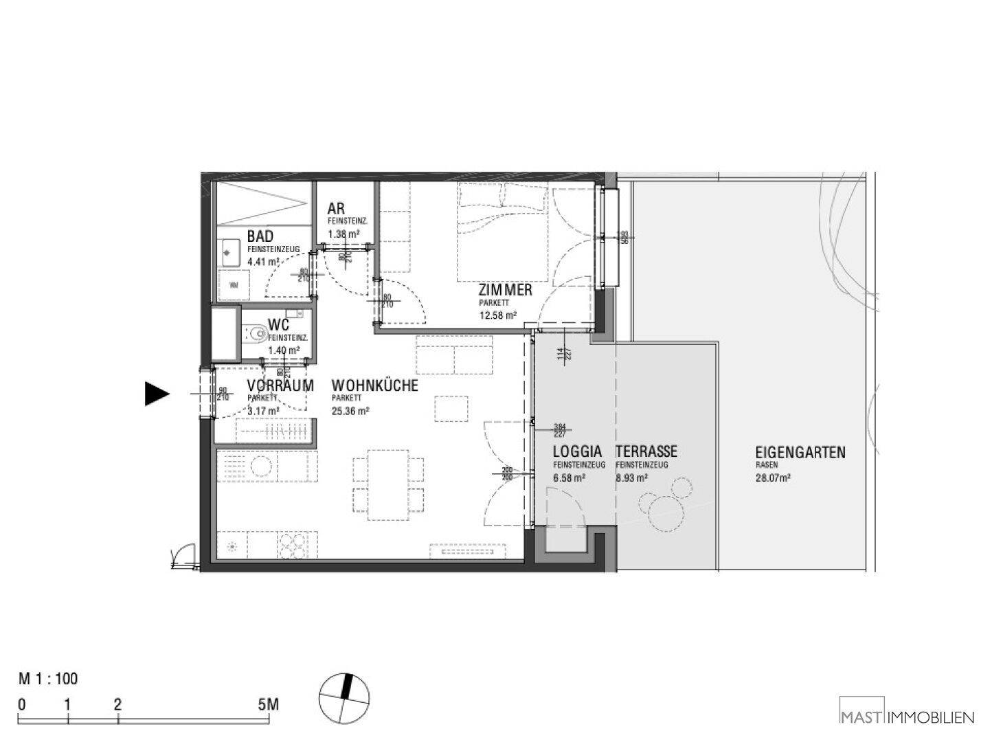 Detaillierter Grundriss einer Wohnung mit Wohnküche, Schlafzimmer, Bad und privatem Garten.