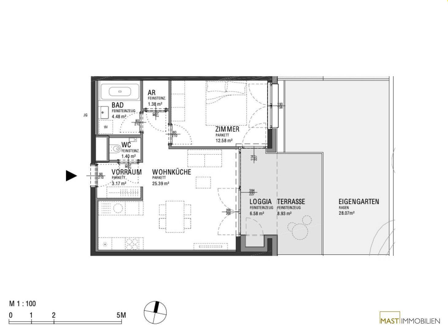 Grundriss einer Wohnung mit Wohnküche, Schlafzimmer, Bad, WC, Loggia, Terrasse und Eigengarten.