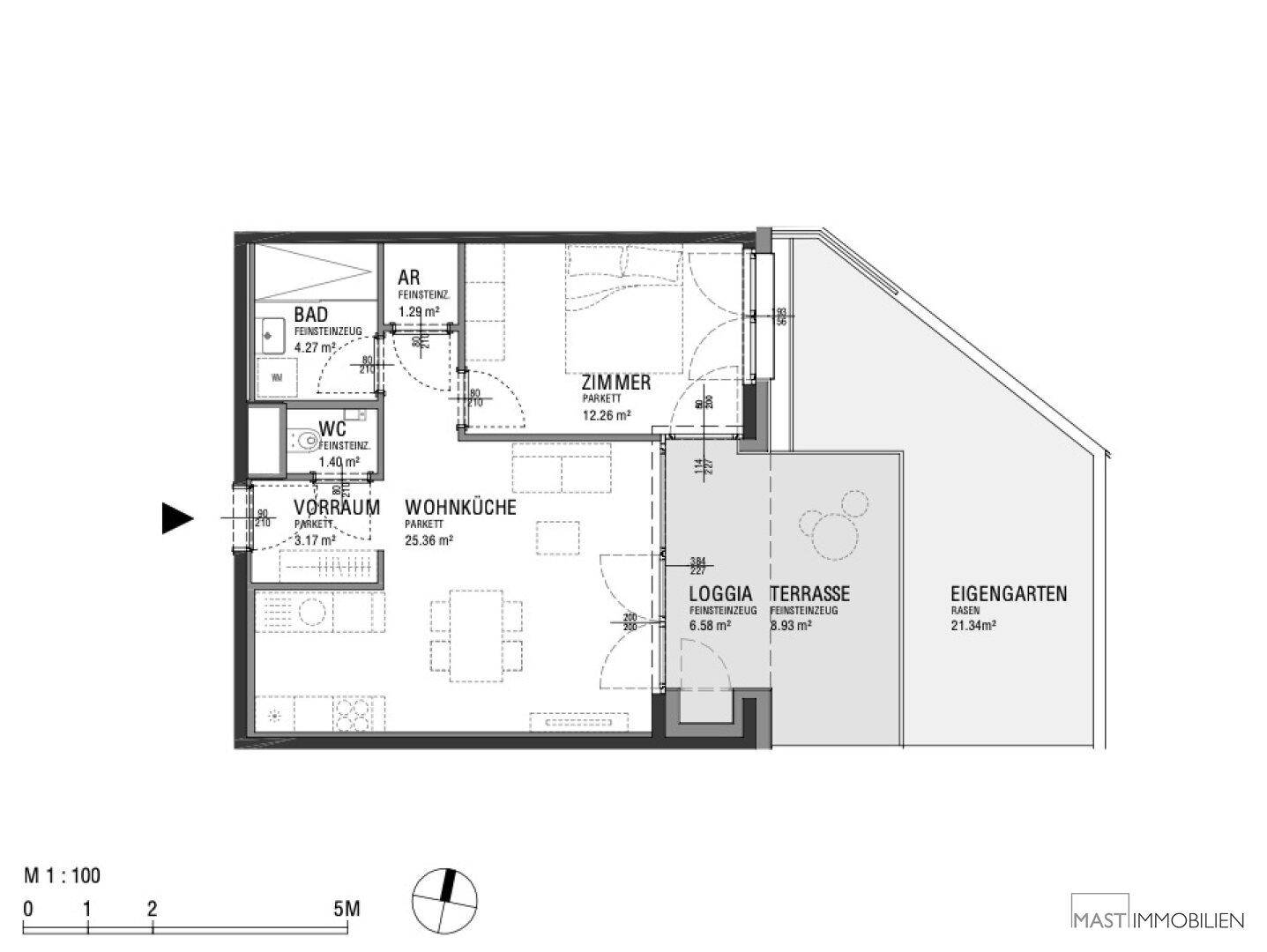 Detaillierter Grundriss einer Wohnung mit Wohnküche, Schlafzimmer und privatem Garten.