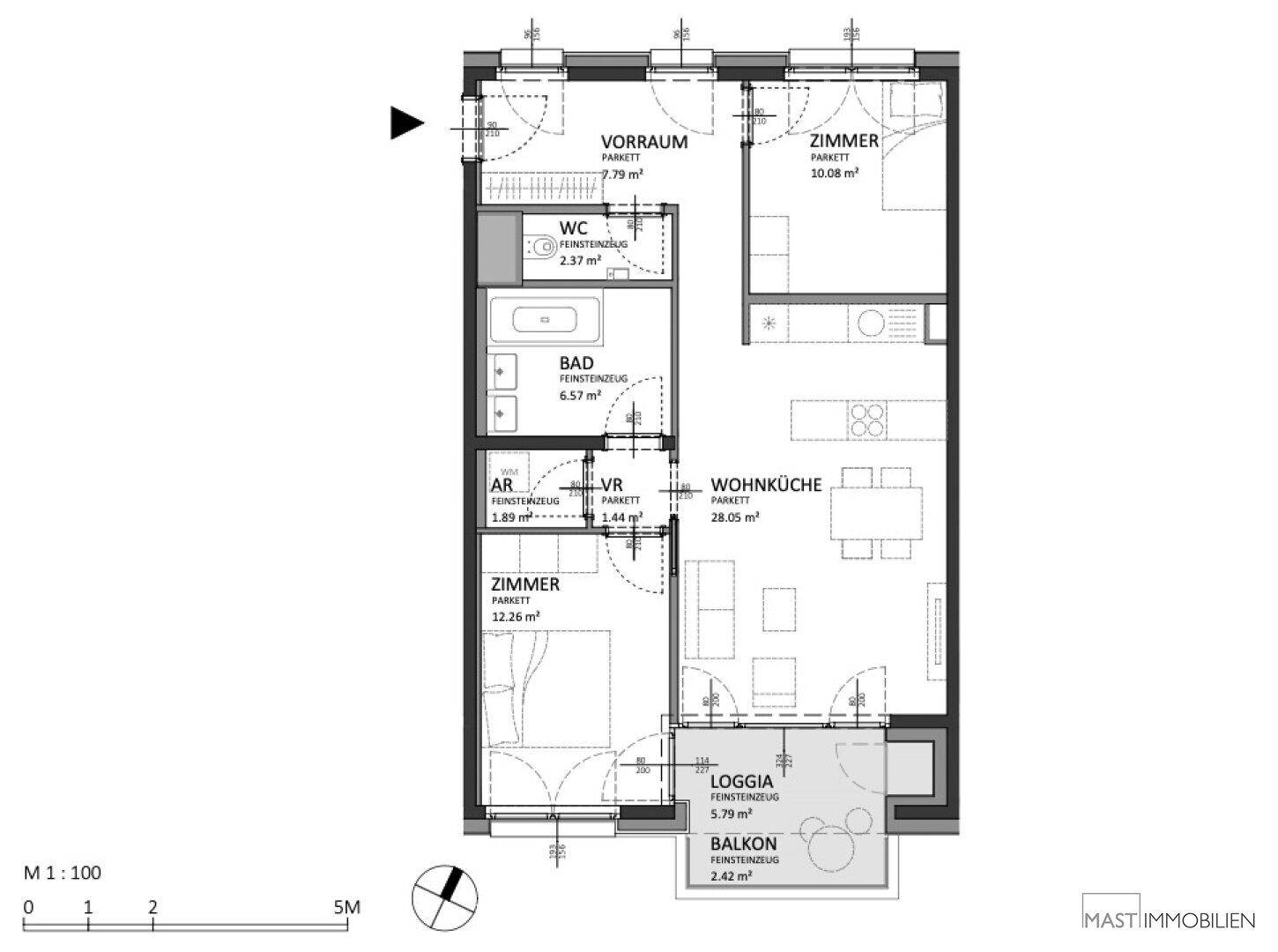 Detaillierter Grundriss einer Wohnung mit Wohnküche, Schlafzimmern, Bad, WC, Loggia und Balkon.