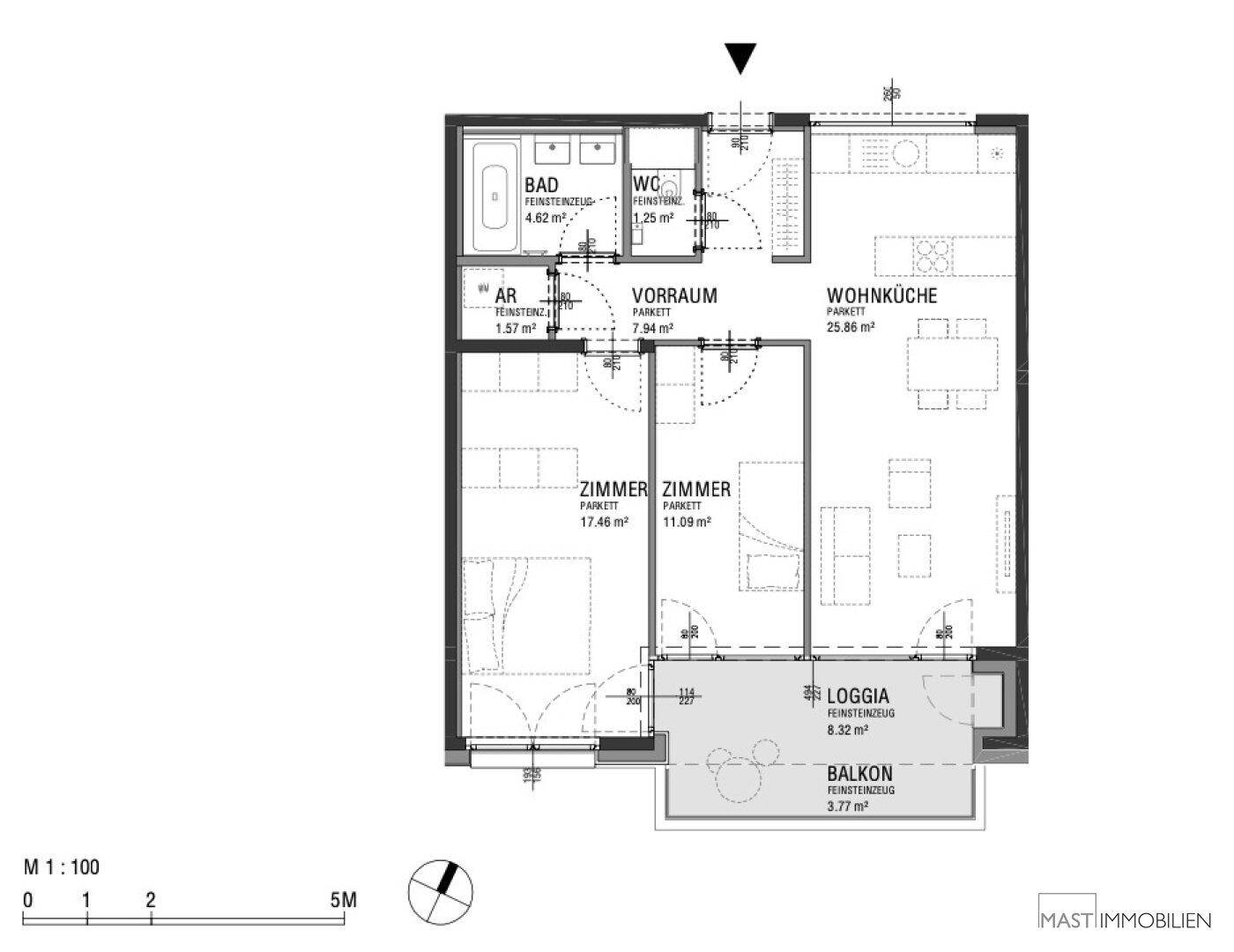 Grundriss einer Wohnung mit Wohnküche, zwei Zimmern, Bad, WC, Loggia und Balkon.