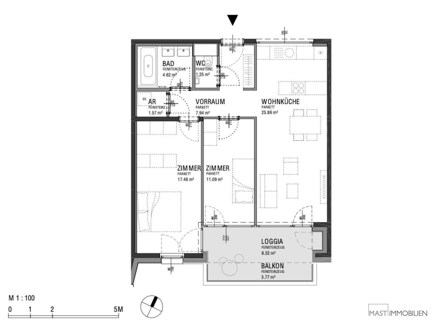 Detaillierter Grundriss mit Wohnküche, zwei Zimmern, Bad, WC, Loggia und Balkon.