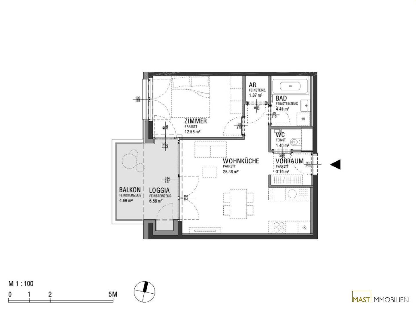 Detaillierter Grundriss einer Wohnung mit Wohnküche, Schlafzimmer, Bad, WC, Abstellraum, Balkon und Loggia.