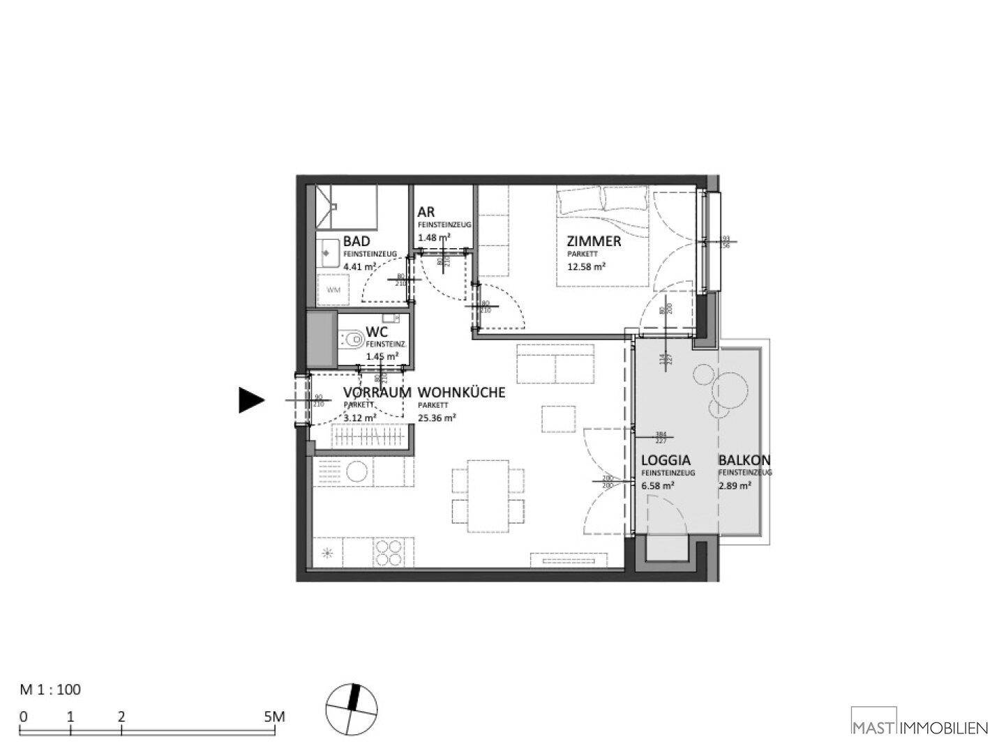 Grundriss einer Wohnung mit Wohnküche, Schlafzimmer, Bad, WC, Loggia und Balkon.