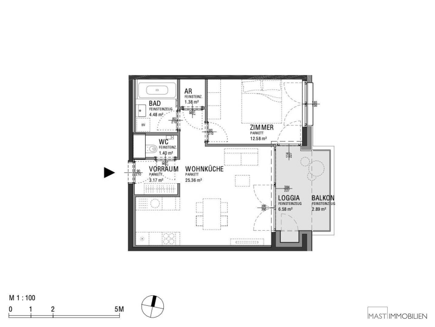 Grundriss einer Wohnung mit Wohnküche, Schlafzimmer, Bad, WC und Loggia/Balkon.