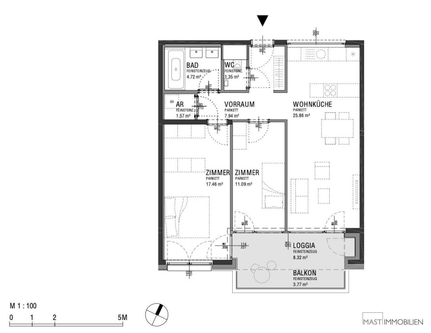 Detaillierter Grundriss einer Wohnung mit Loggia, Balkon und drei Zimmern.