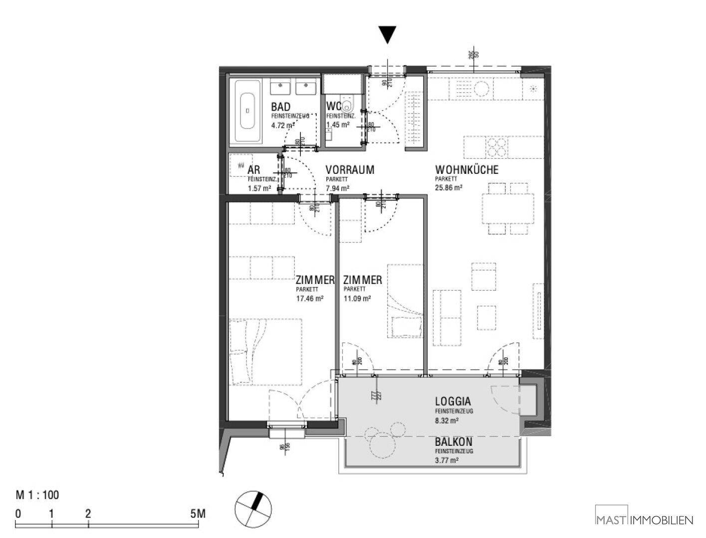 Detaillierter Grundriss einer Wohnung mit Wohnküche, zwei Zimmern, Bad, WC, Loggia und Balkon.