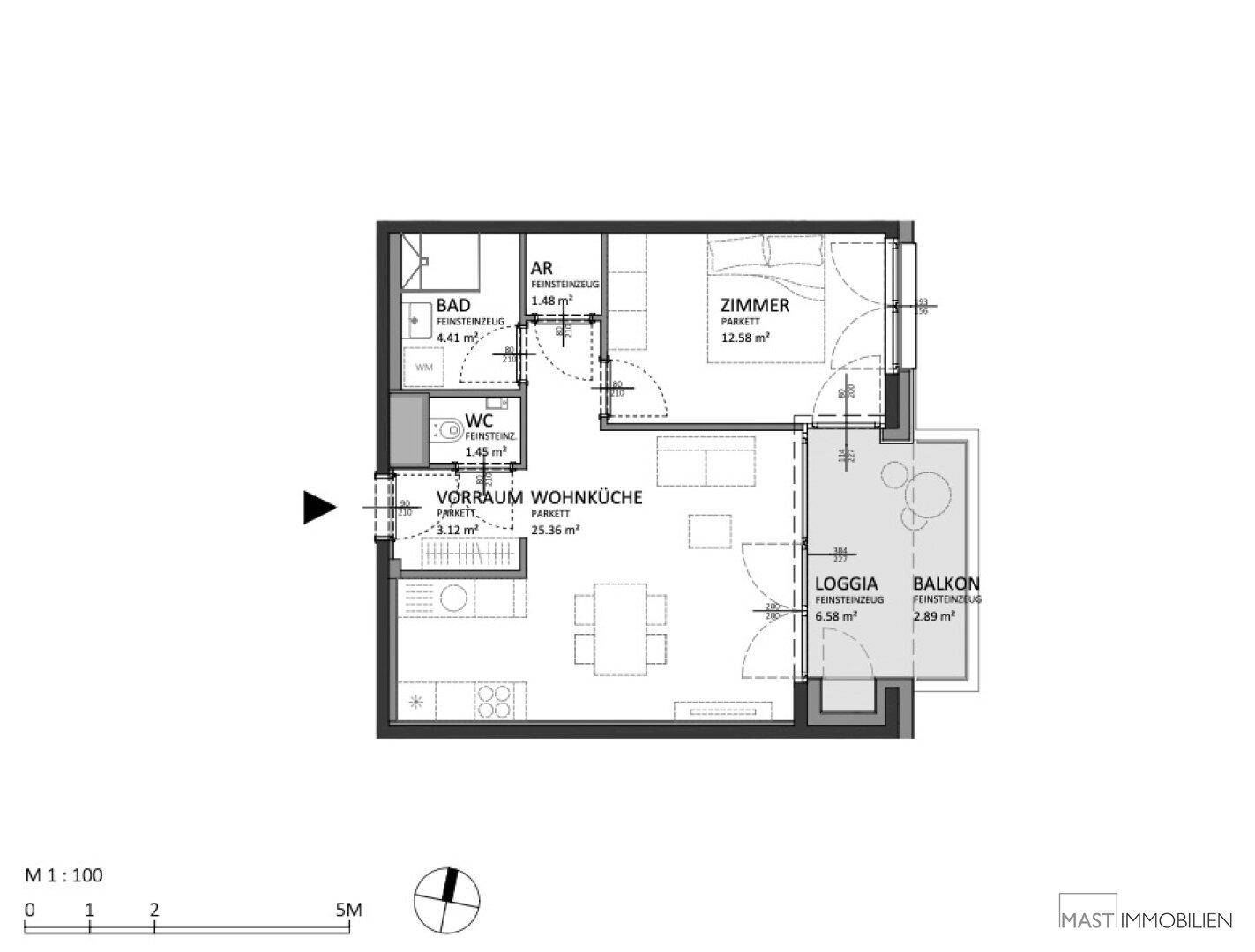 Detaillierter Grundriss einer Wohnung mit Wohnküche, Schlafzimmer, Bad, WC, Loggia und Balkon.