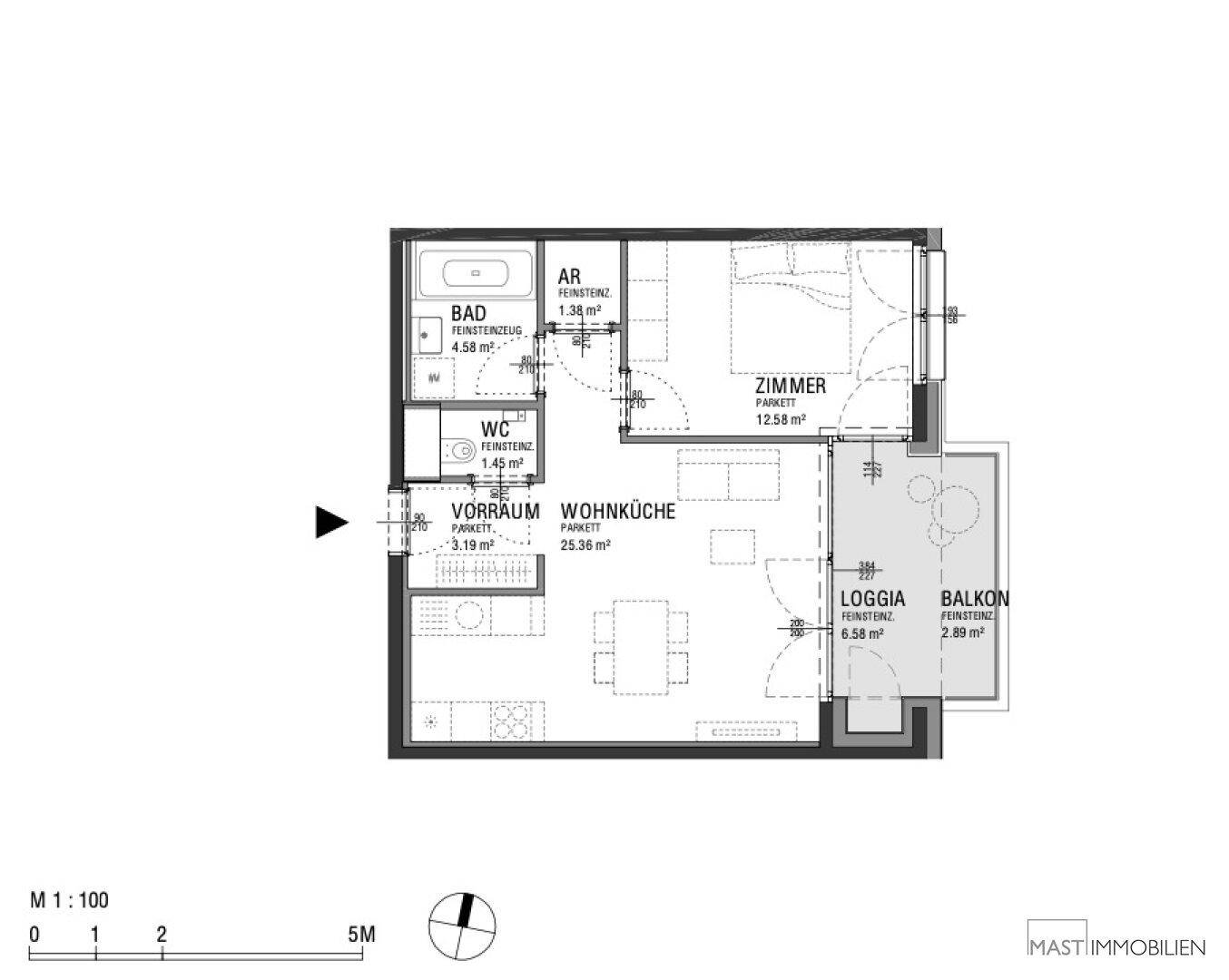 Grundriss einer Wohnung mit Wohnküche, Schlafzimmer, Bad, WC, Loggia und Balkon.