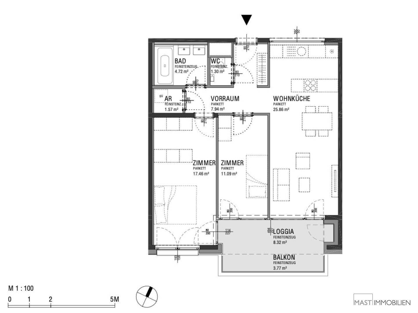 Detaillierter Grundriss einer Wohnung mit Wohnküche, zwei Zimmern, Bad, WC, Loggia und Balkon.
