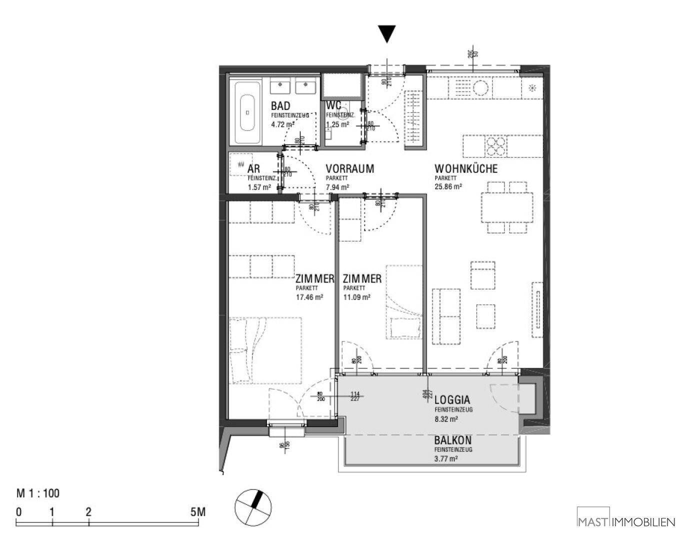 Detaillierter Grundriss der Wohnung mit Wohnküche, zwei Zimmern, Bad, WC, Loggia und Balkon.