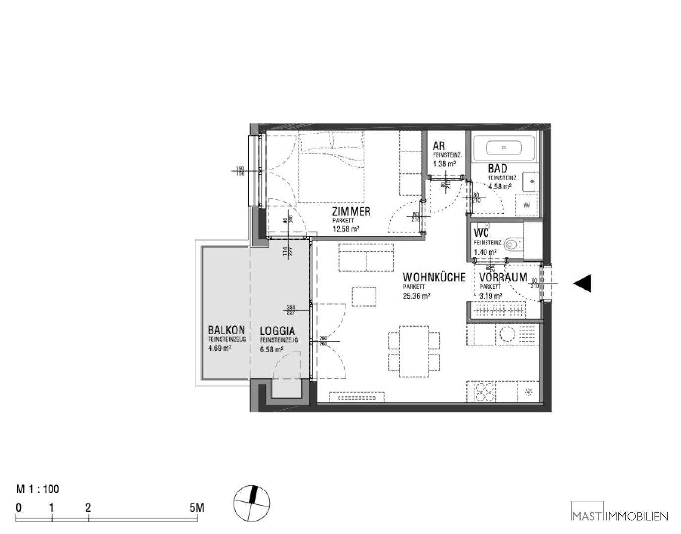 Grundriss einer Wohnung mit einem Zimmer, Wohnküche, Bad, WC, Abstellraum, Balkon und Loggia.