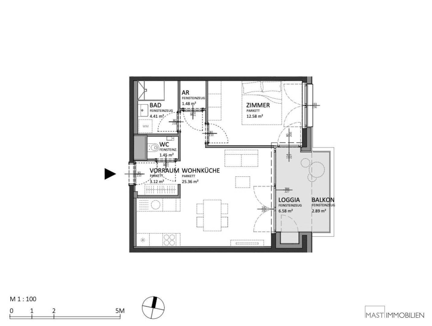 Grundriss einer modernen Wohnung mit offener Wohnküche, Schlafzimmer, Bad, WC, Loggia und Balkon.