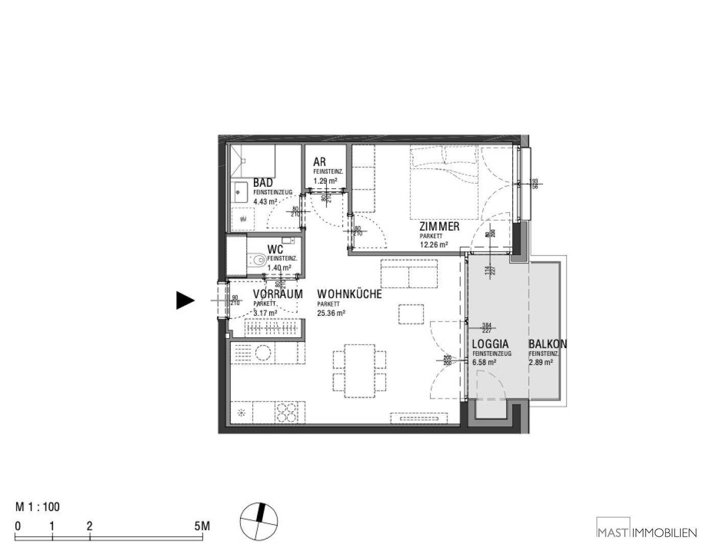Grundriss einer Wohnung mit Wohnküche, Schlafzimmer, Bad, WC, Loggia und Balkon.