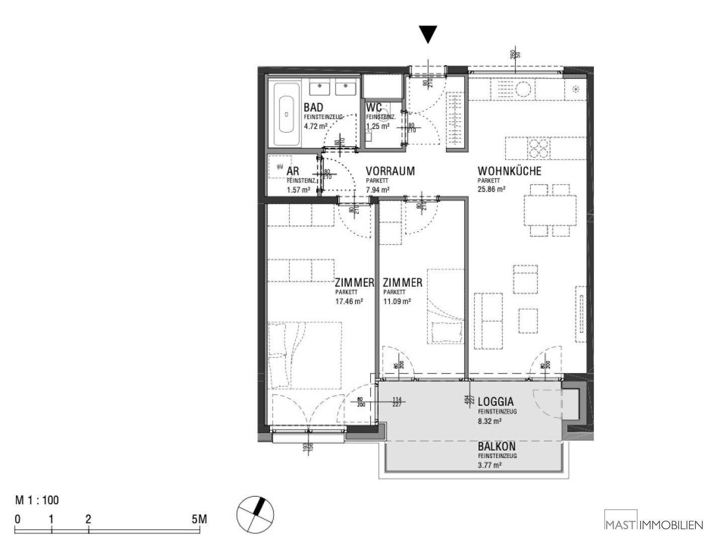 Grundriss einer modernen Wohnung mit offener Wohnküche, zwei Zimmern, Bad, separatem WC und Balkon/Loggia.
