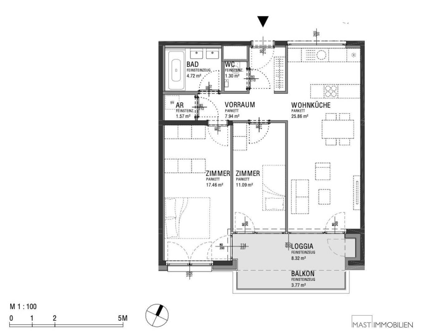 Detaillierter Grundriss einer Wohnung mit drei Zimmern, Wohnküche, Bad und Balkon.