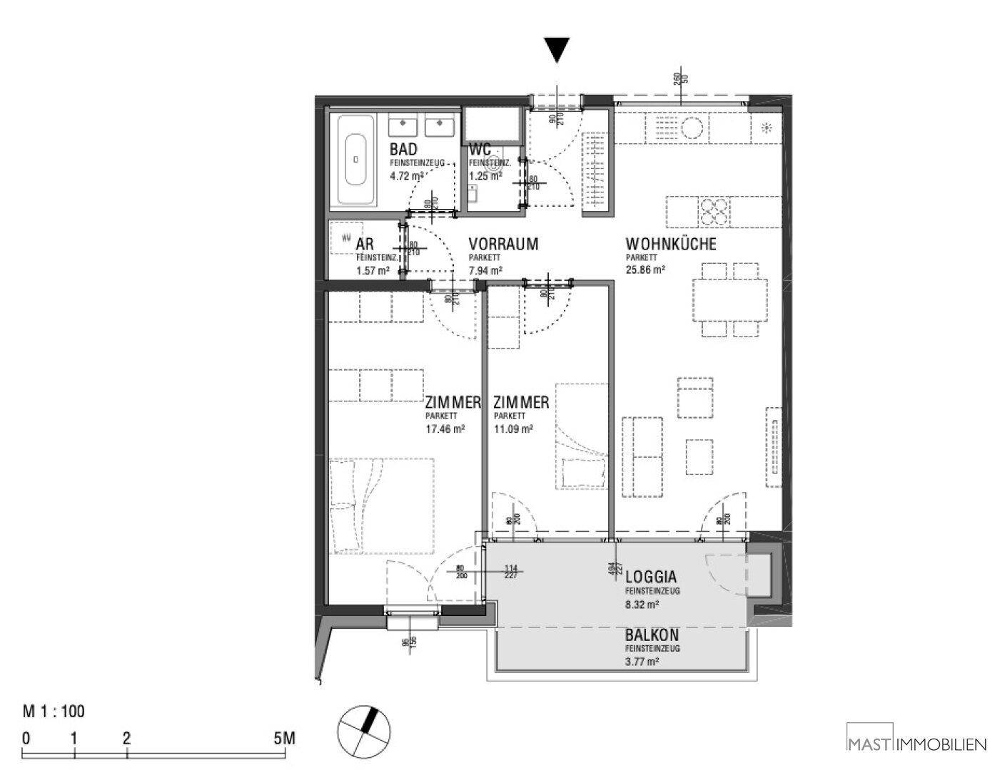 Detaillierter Grundriss der Wohnung mit Wohnküche, zwei Zimmern, Bad, WC und Balkon.