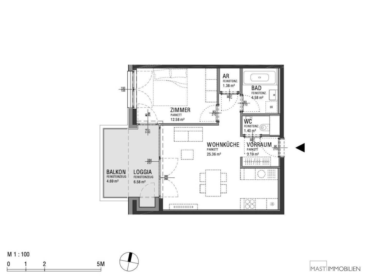 Grundriss einer Wohnung mit Wohnküche, Schlafzimmer, Bad, WC und Balkon/Loggia.