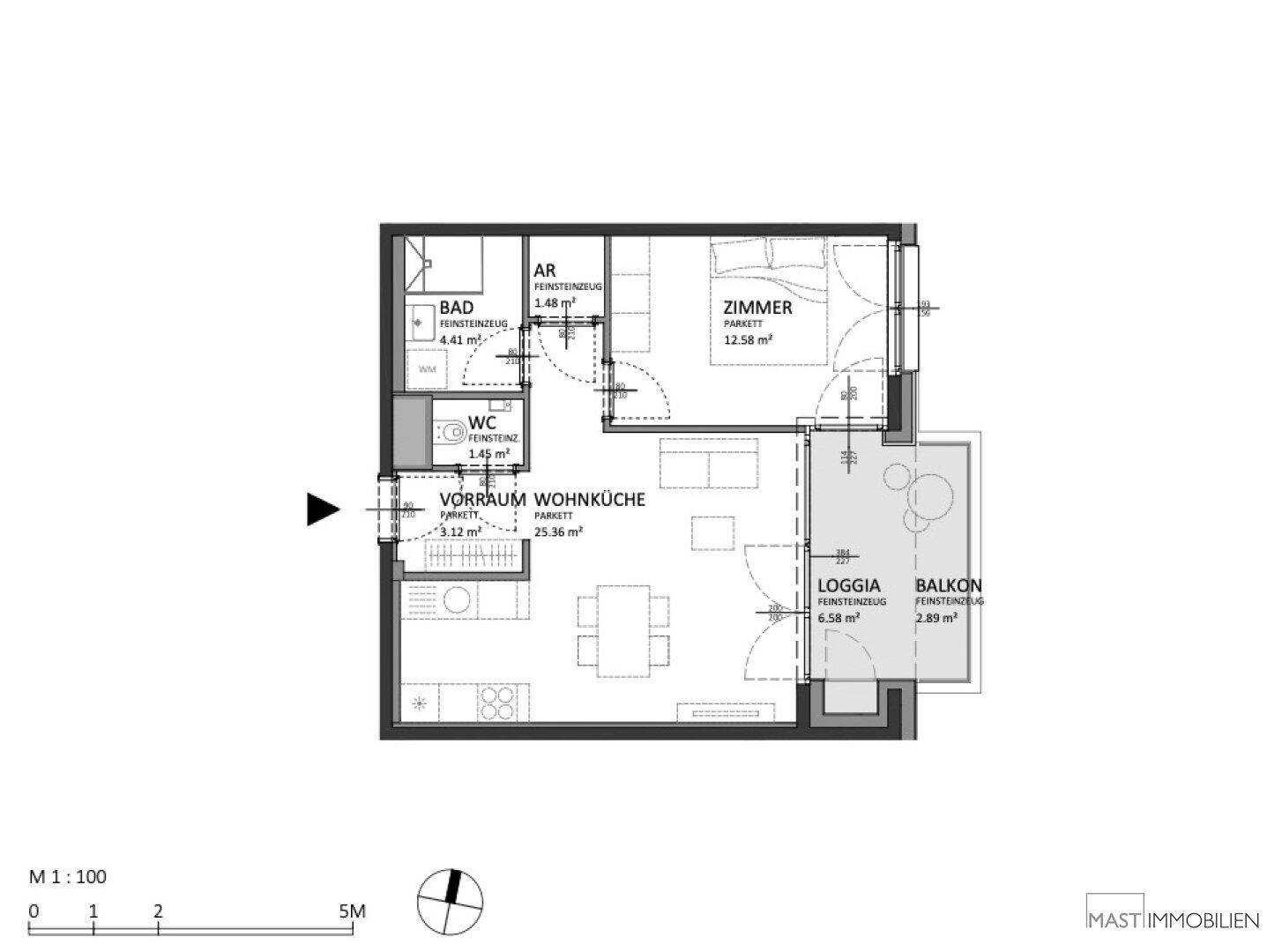 Grundriss der Wohnung mit Wohnküche, Schlafzimmer, Bad und Balkon.