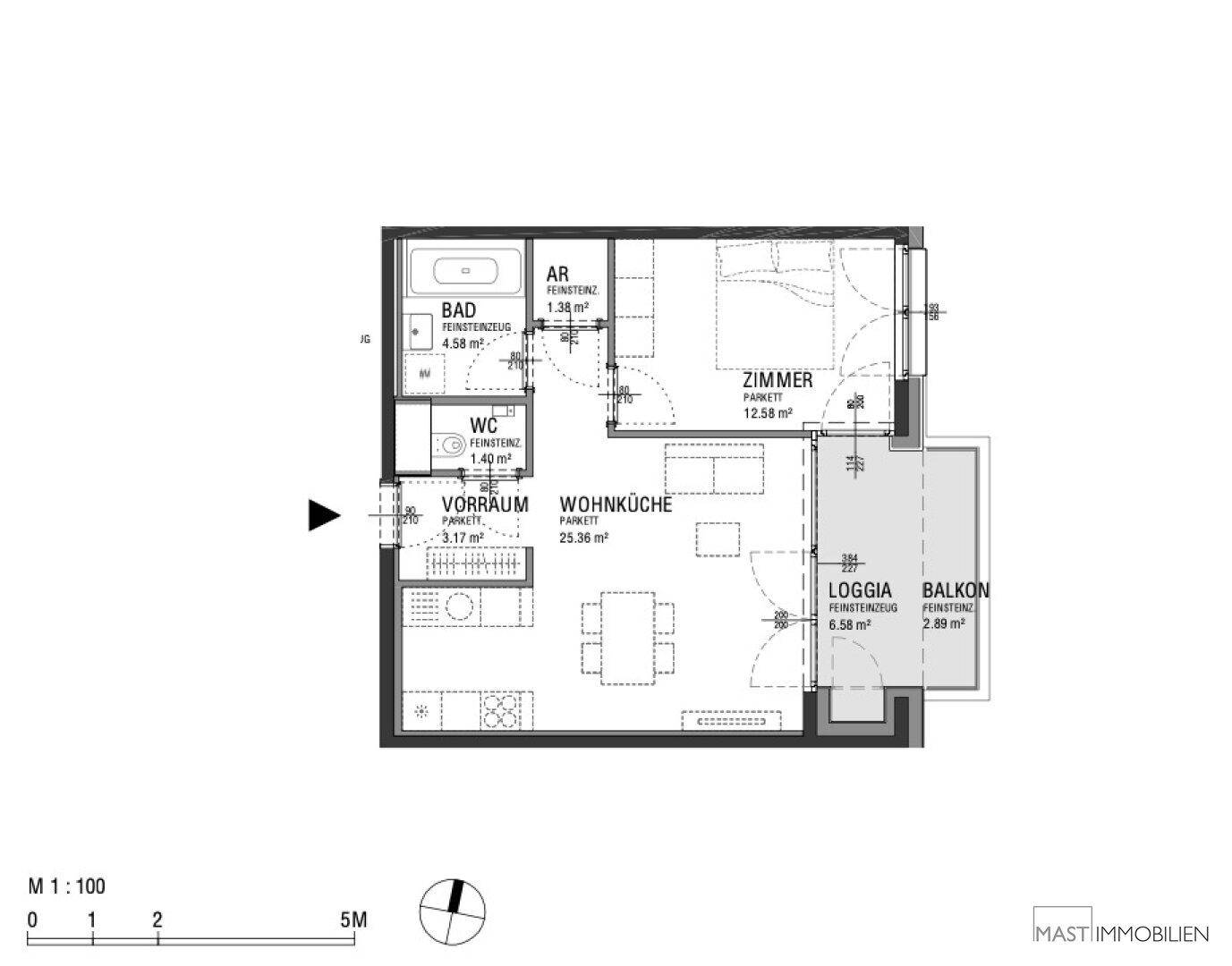 Grundriss einer Wohnung mit Wohnküche, Schlafzimmer, Bad, WC, Loggia und Balkon.