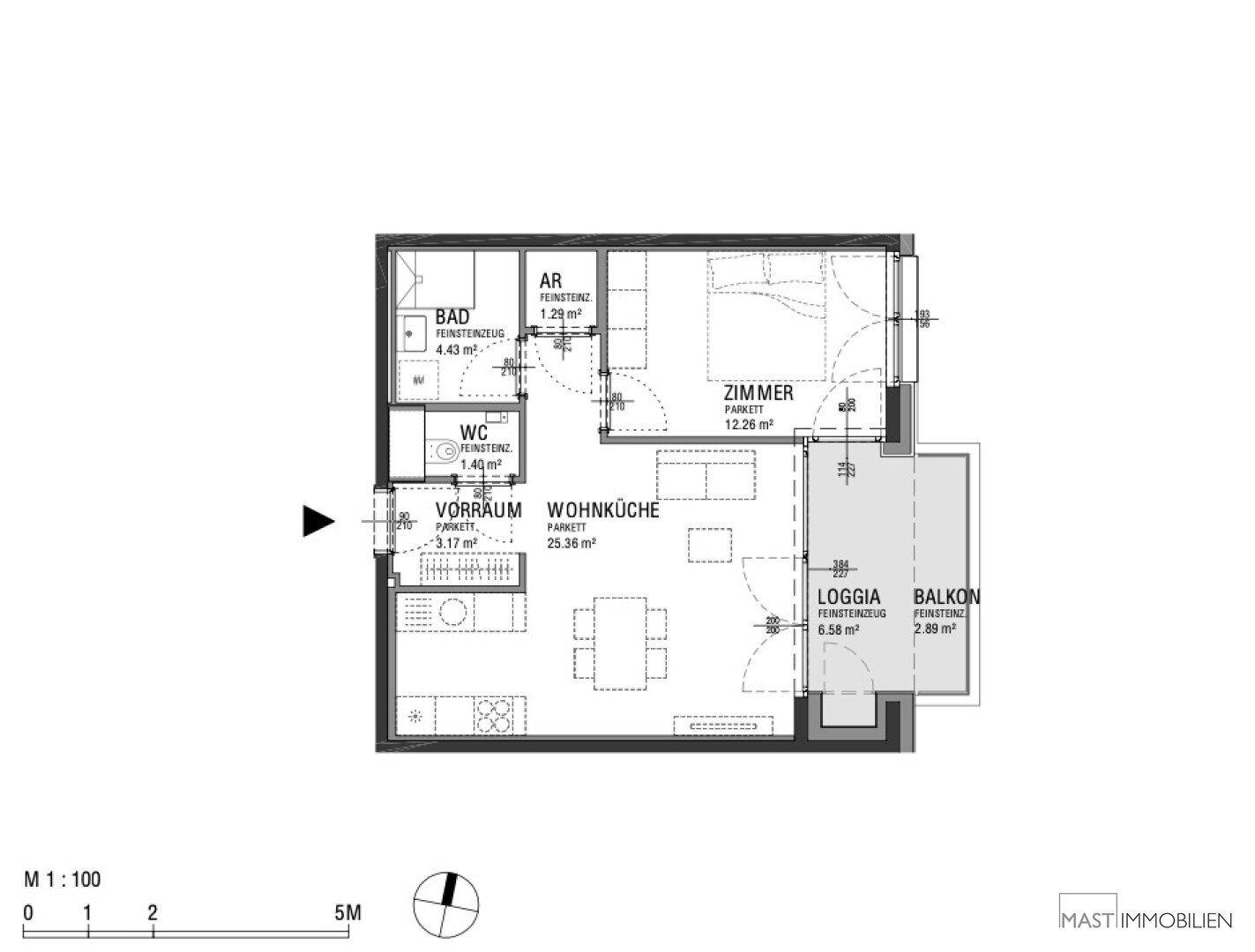 Grundriss einer Wohnung mit Wohnküche, Schlafzimmer, Bad, WC, Loggia und Balkon.