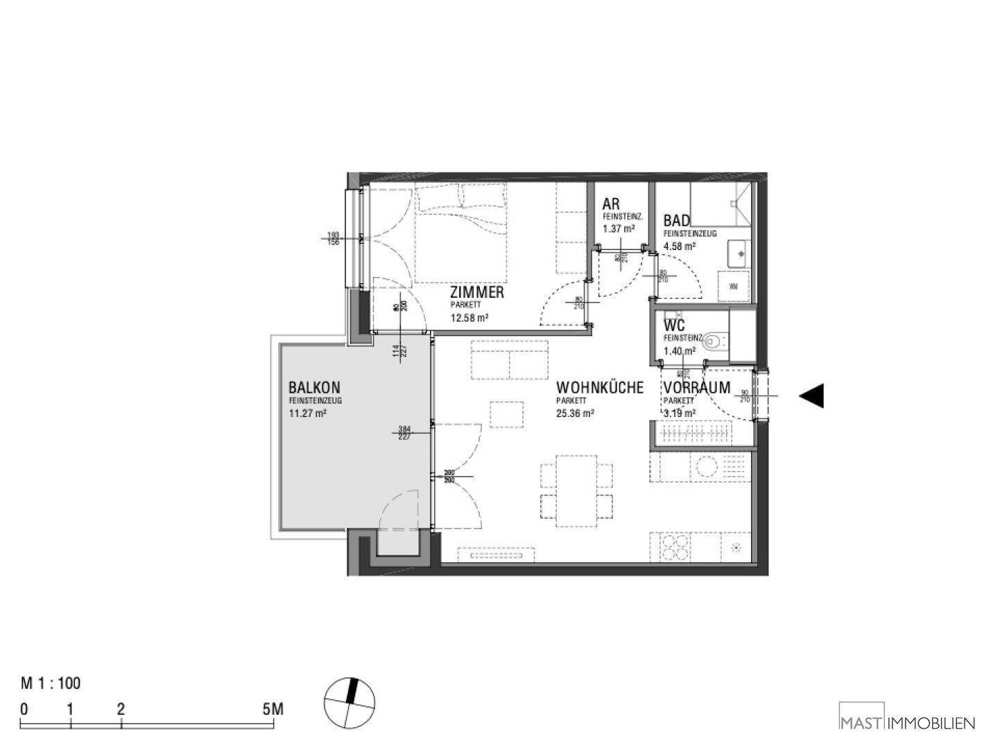 Detaillierter Grundriss einer Wohnung mit Balkon, Schlafzimmer, Wohnküche und Bad.