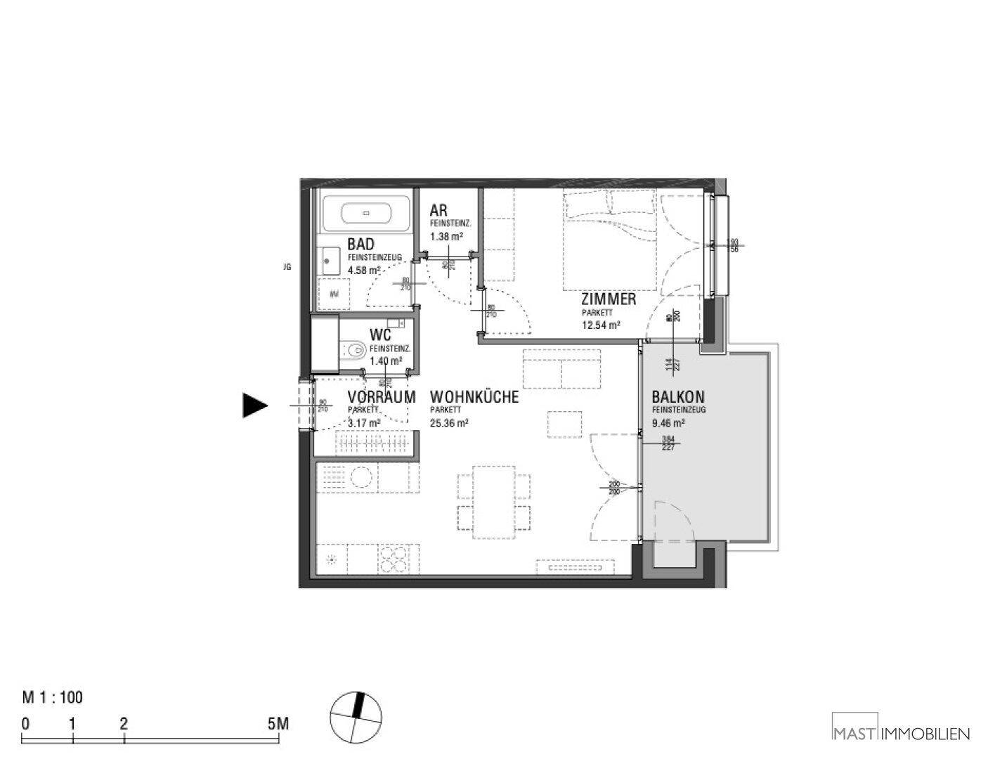 Grundriss einer Wohnung mit offener Wohnküche, Schlafzimmer, Bad und Balkon.