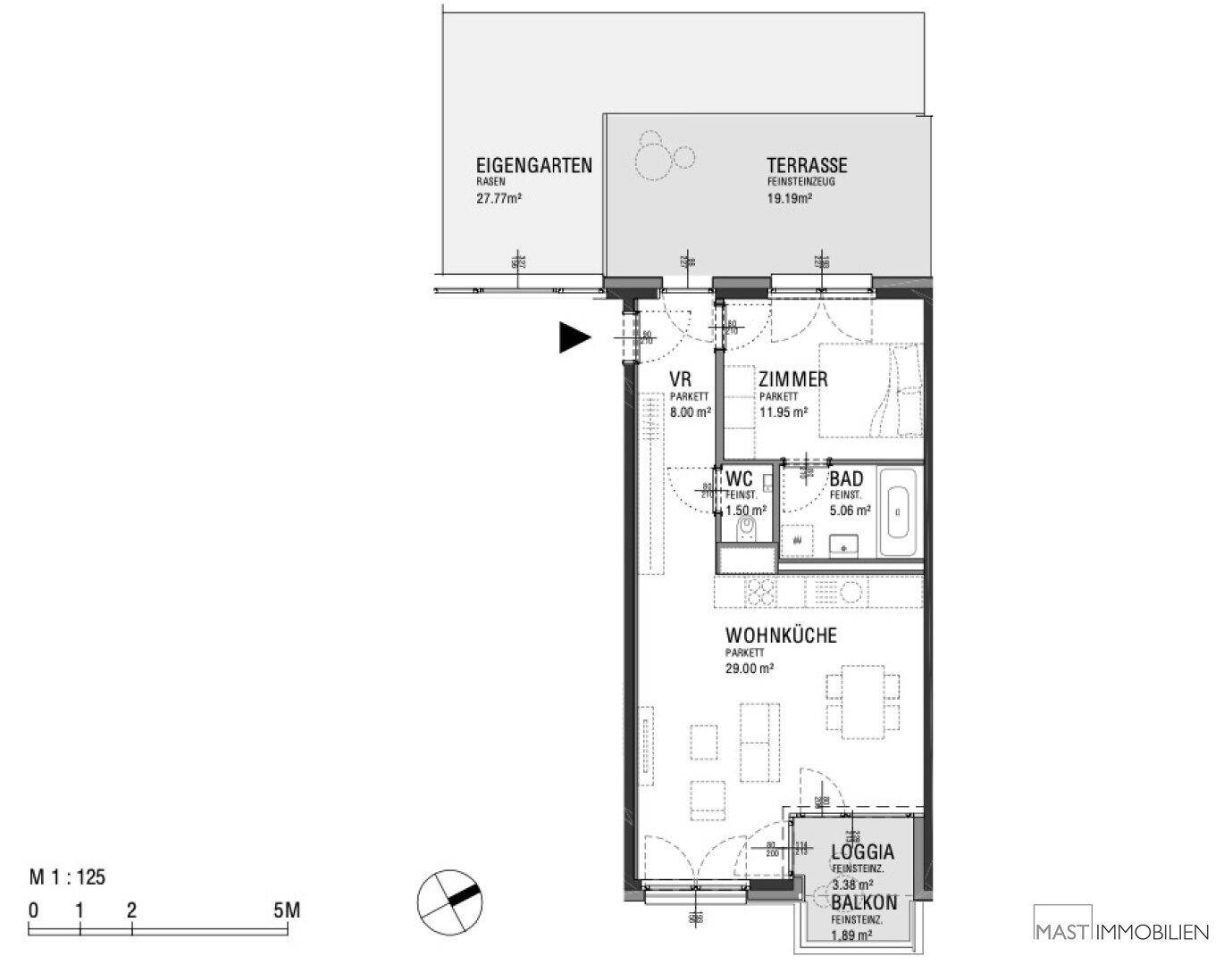 Grundriss einer Wohnung mit Eigengarten, Terrasse, Wohnküche und Loggia.