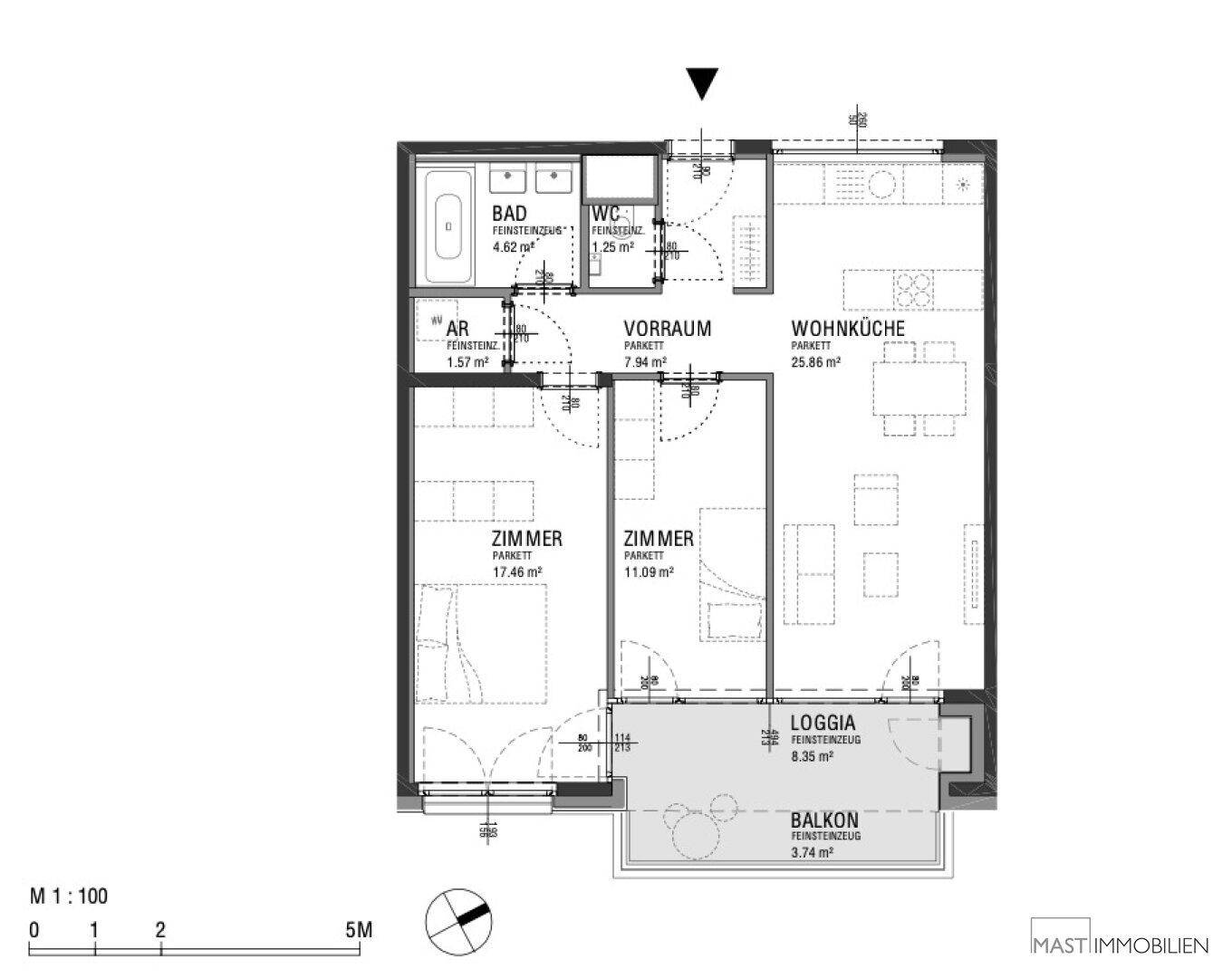 Detaillierter Grundriss einer Wohnung mit Loggia und Balkon, inklusive Raumgrößen.