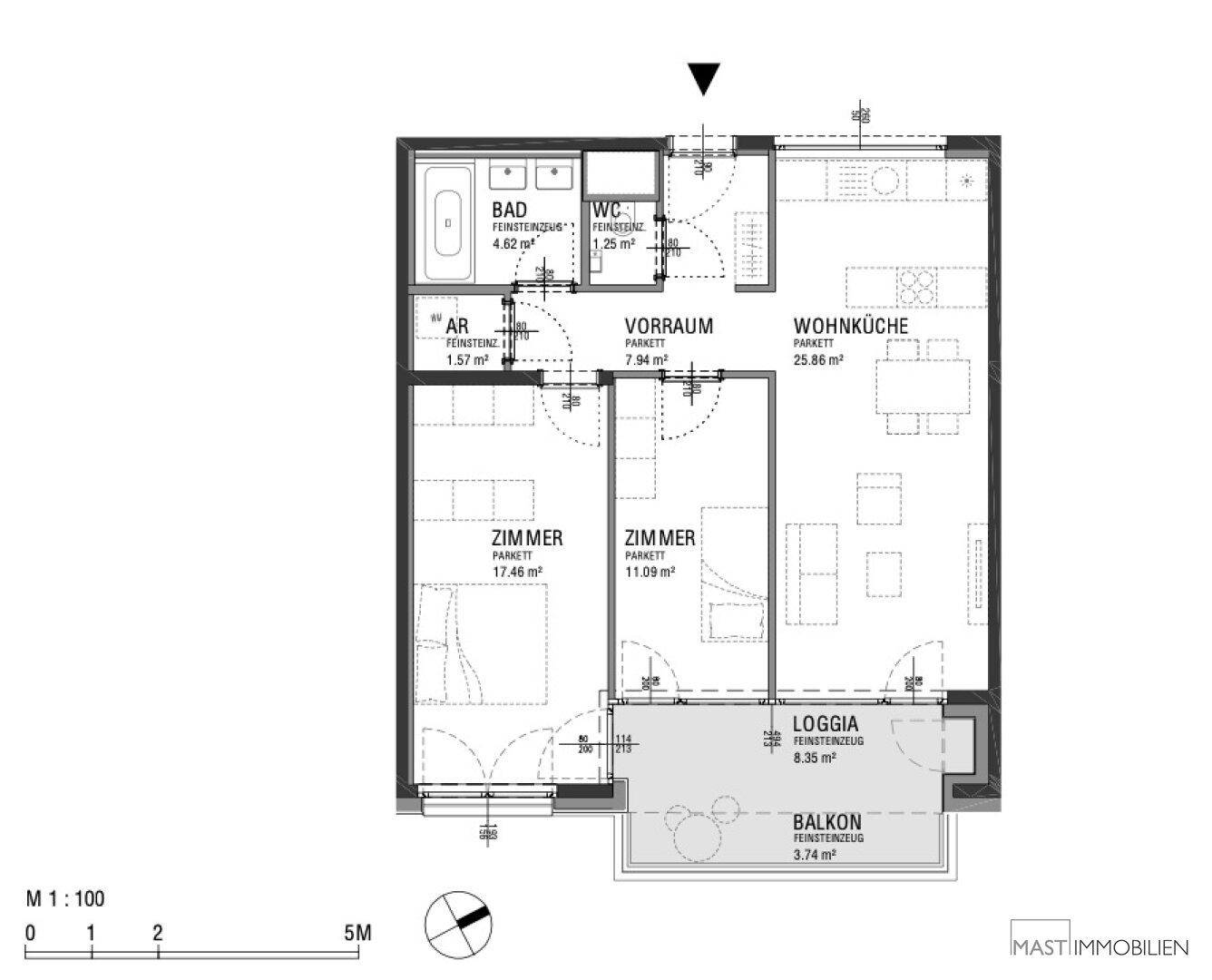 Detaillierter Grundriss mit Wohnküche, zwei Zimmern, Bad, WC, Loggia und Balkon.